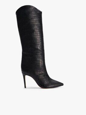 Black Crocodile-Embossed Knee-High Boots